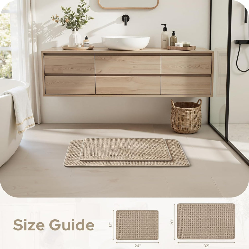 Bathroom Rugs Set 2 Piece Thin Non Slip, Beige 17"x24"+20"x32" | Rubber Backed, Absorbent Quick Dry Bath Rugs, Low