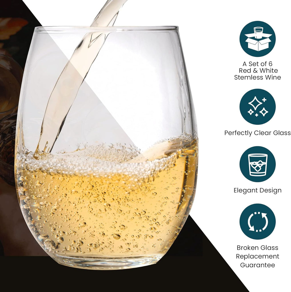 Stemless Wine Glass, Red & White 18oz Stemless Wine Glass Set of 6, Drink Glasses with Durable Chip Resistant Rim