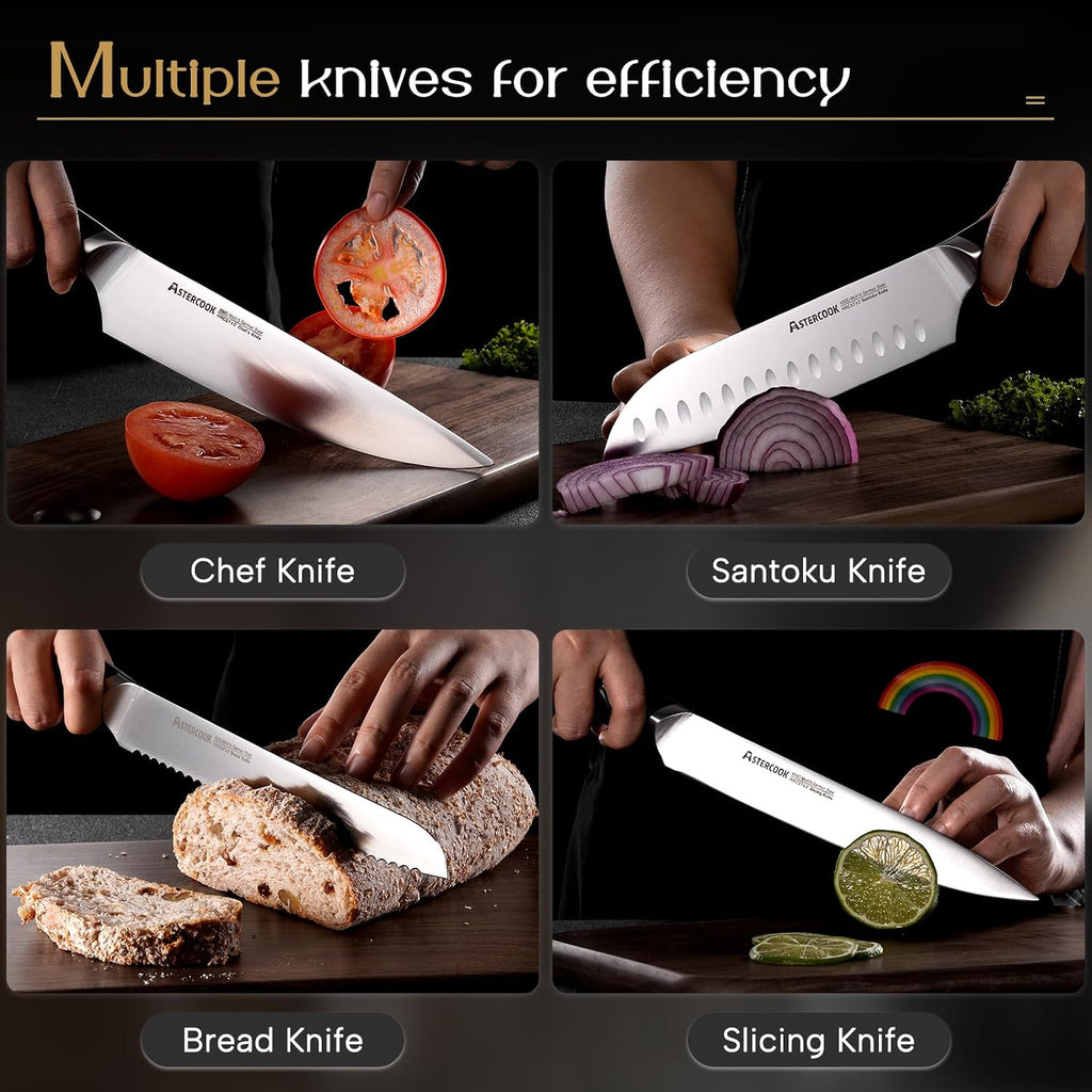 Knife Set, Kitchen Knives Set with Block and Dual Sharpener Full Tang 15 Pcs German Stainless Steel Knives Sharp
