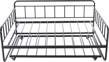 Full Size Daybed and Twin Size Trundle Bed Frame Set, Space Saving Steel Slat Support, Sturdy Metal Design, Easy