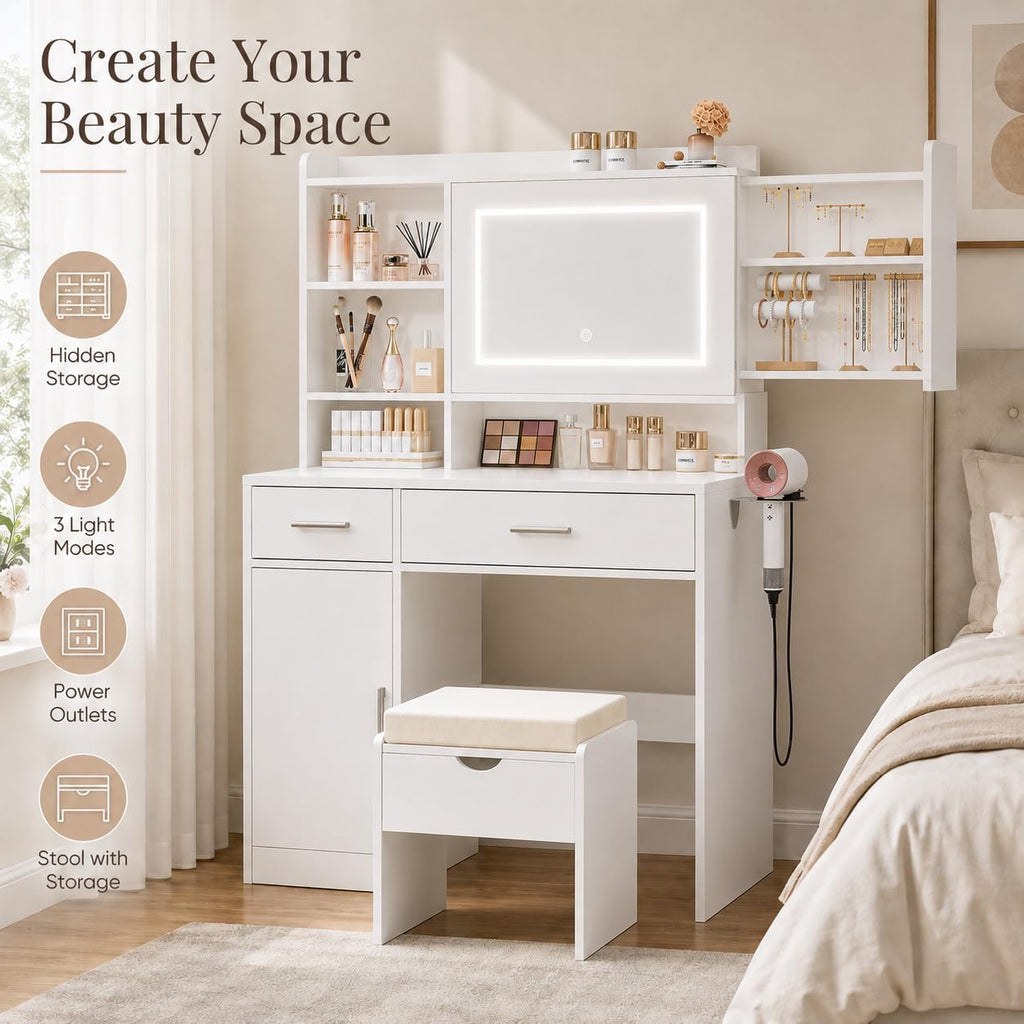 Vanity Desk with Mirror and Lights, Makeup Vanity Table with Stool, Power Outlet, USB Ports, 2 Drawers, Hidden
