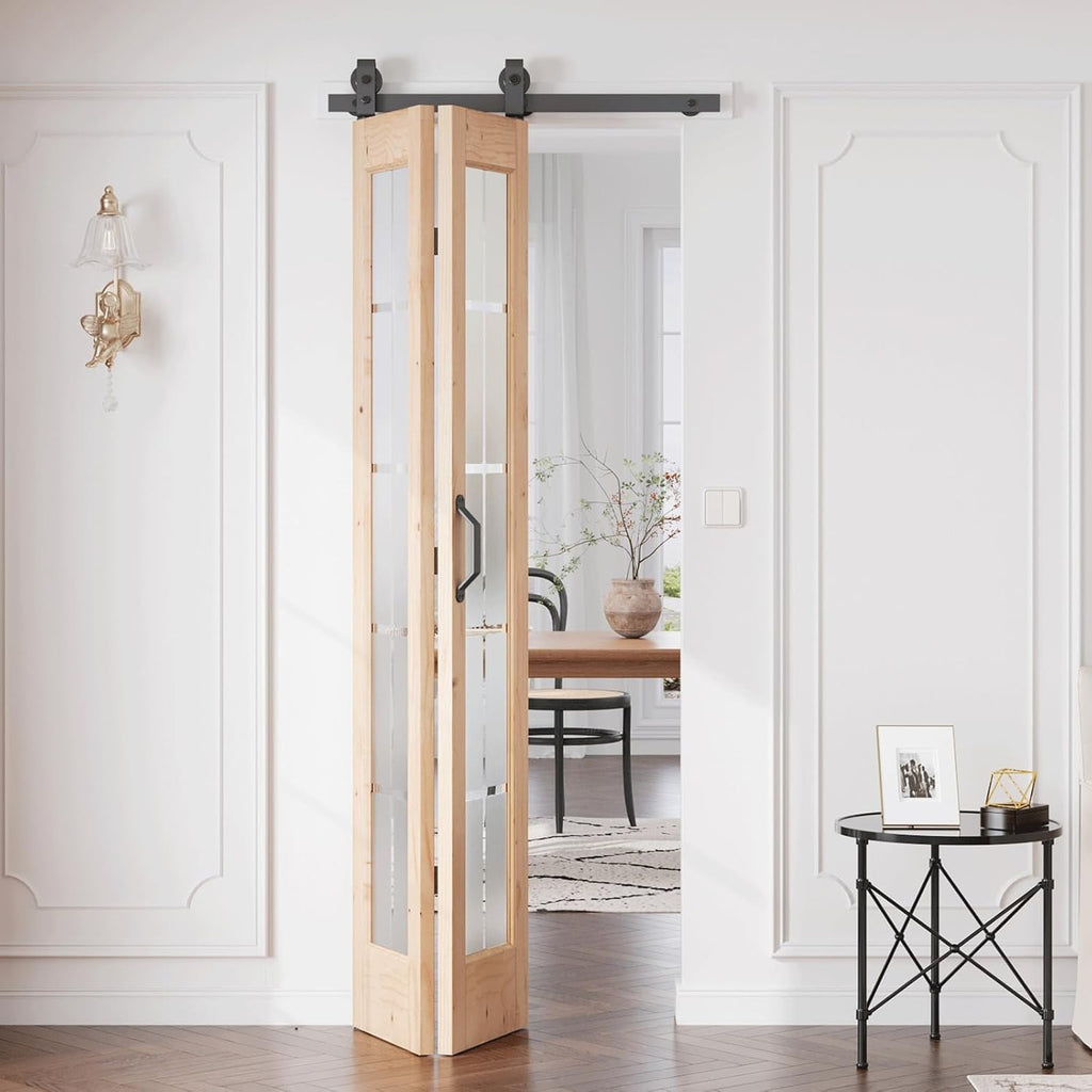 Preassembled Bifold Barn Door 30 x 84 in (Double 15x84in) with Bi-fold Door Hardware Kit, Frosted Gl