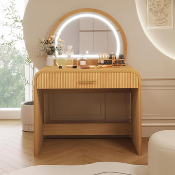 39" Makeup Vanity Table with Touch Screen Lighted Mirror, Rubber Wood Dressing Table with Large Drawer Living Room