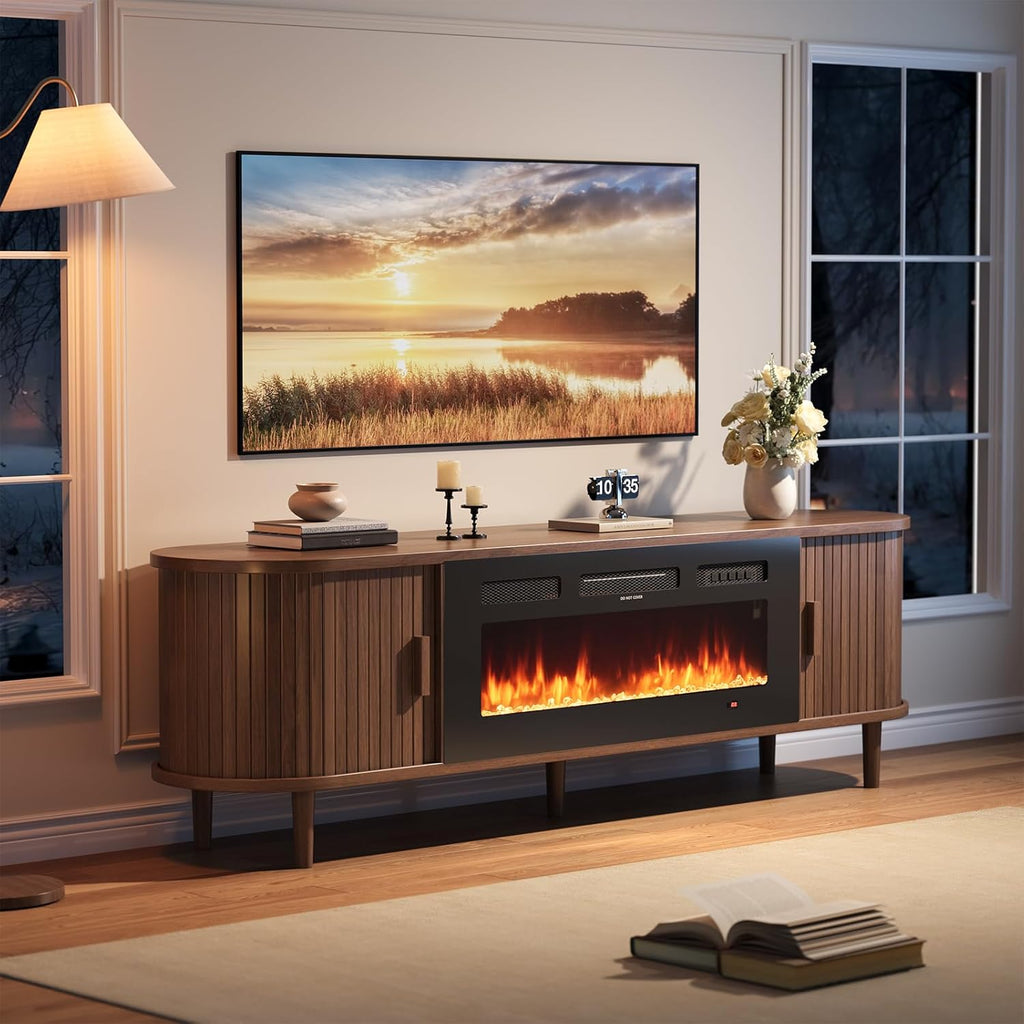 70" Mid Century Modern TV Stand with Fireplace, Fluted Fireplace TV Stand, Entertainment Center with Sliding Door, TV