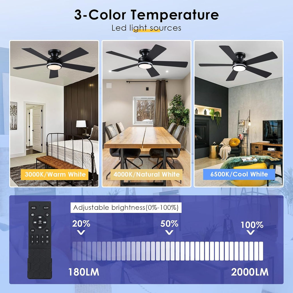 46In RGB Ceiling Fans with Lights - Black Flush Mount Ceiling Fan Light with Remote/APP, RGB+3CCT 6 Wind Speeds, Modern Low Profile Fan Light Fixture for Party, Kid's Room
