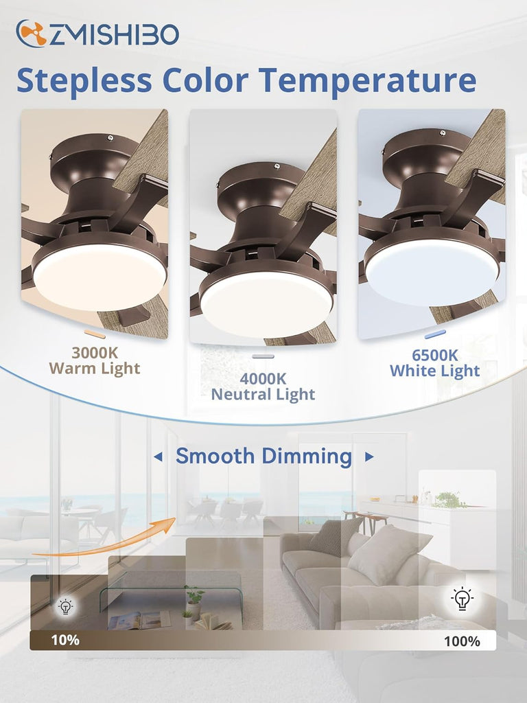 60 Inch Ceiling Fan with Light, App&Remote Control, Flush Mount Low Profile, Dimmable 20W LED Light, Quiet Reversible Motor for Bedroom, Living Room, Apartment, Brown