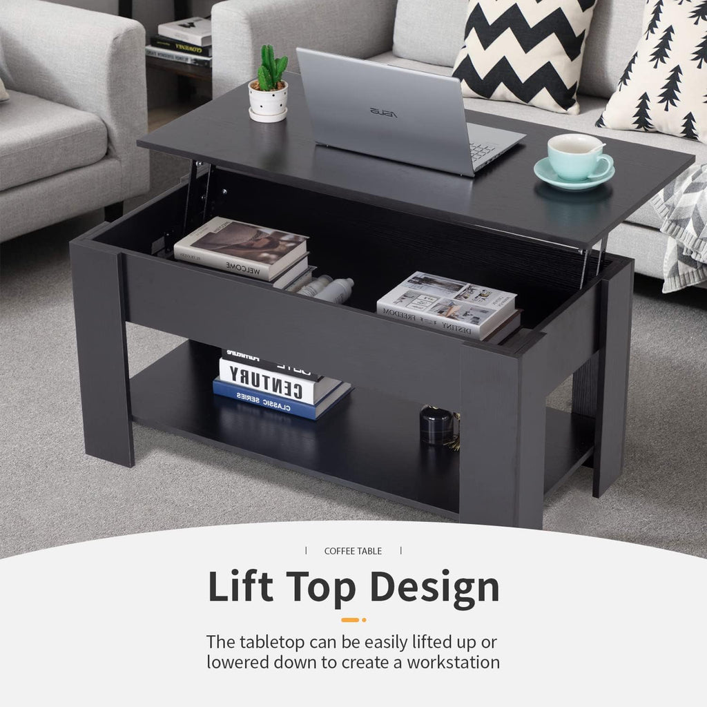 39.4" Lift Top Coffee Table with Hidden Compartment and Storage Shelf Wooden Lift Tabletop Living Room Reception Room