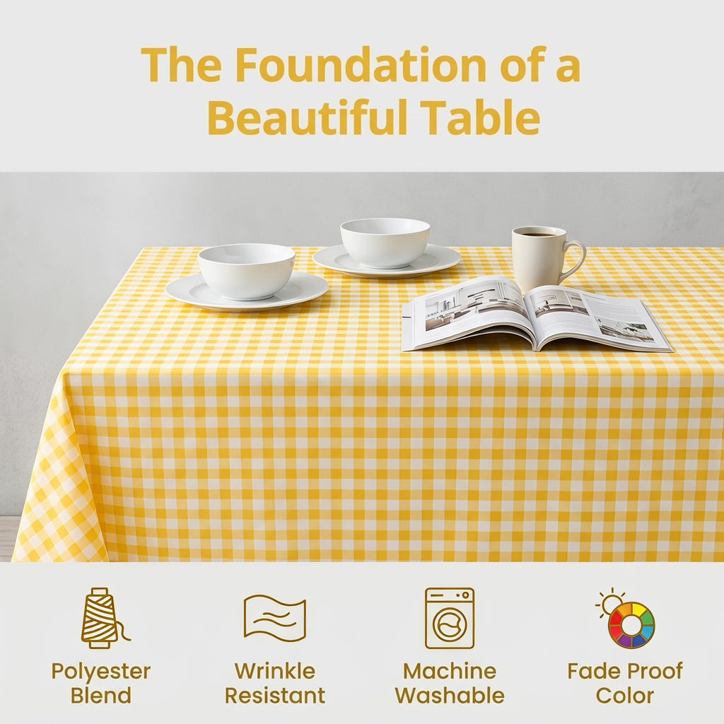 Yellow Gingham Tablecloth 54x70in, Cotton Blend Rectangle