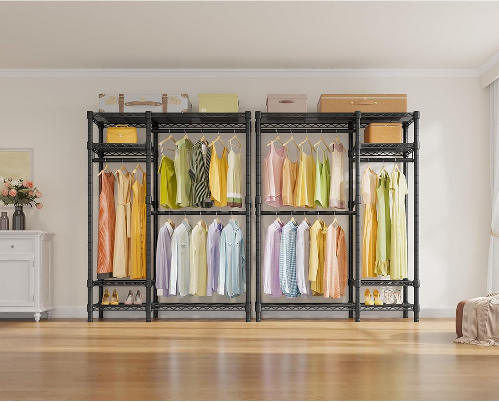V2 Heavy Duty Clothes Rack, Portable Metal Closet System, Black | Freestanding Wardrobe with 4 Tiers Adjustable Wire