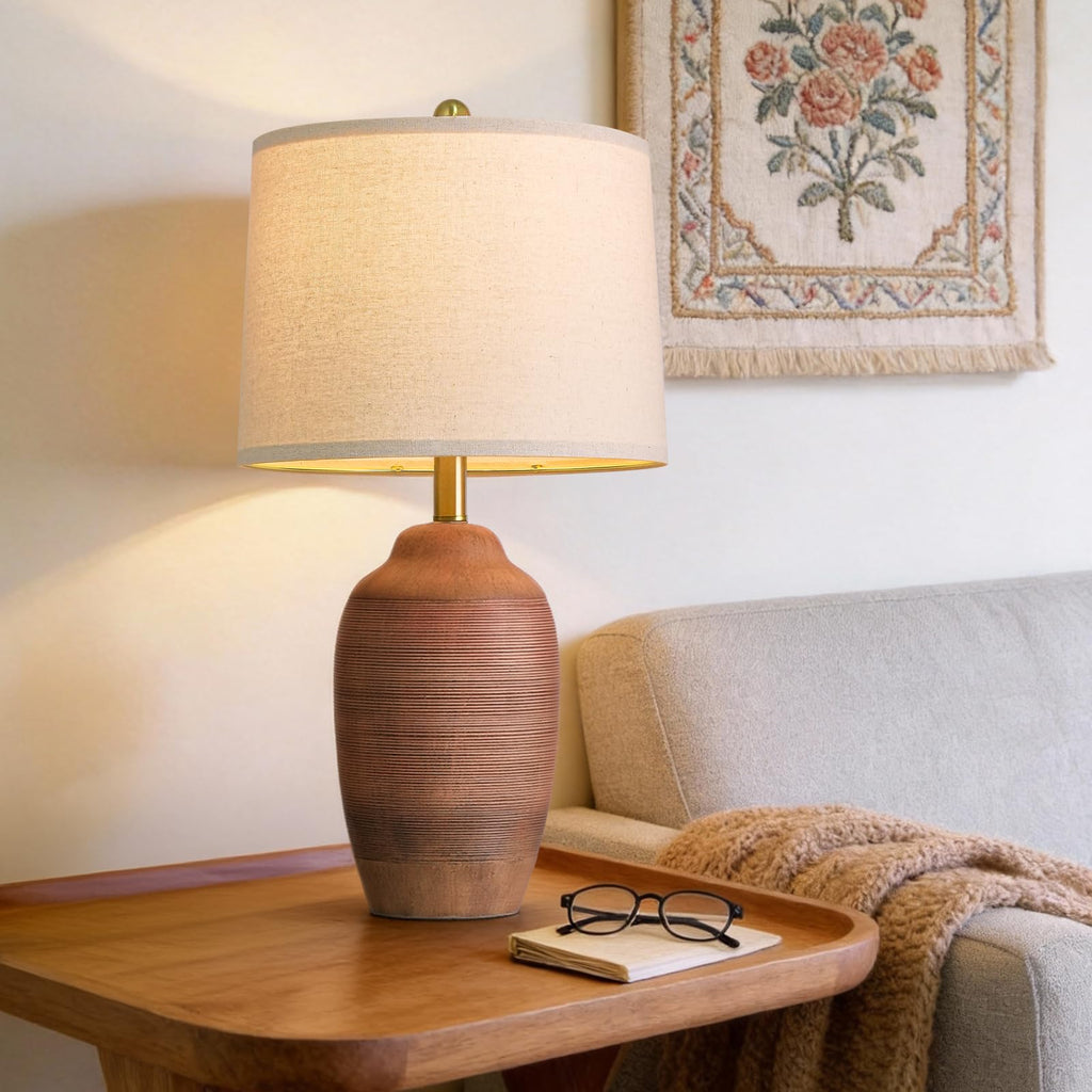 24.5" Single Rustic Terracotta Brown Handcrafted Ceramic Table Lamp 5FT Cord, Farmhouse Vintage Lamp with Linen Drum