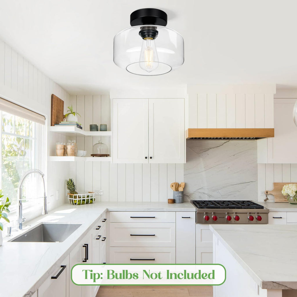 Industrial Semi Flush Mount Ceiling Light Black, Clear Glass Shade Ceiling Light Fixture, Farmhouse Light Fixtures