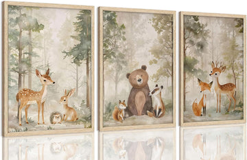 3 Piece OAK Wood Framed Wall Art Woodland Wall Decor Animals Canvas Art Deer Hedgehog Fox Bear Pictures Forest