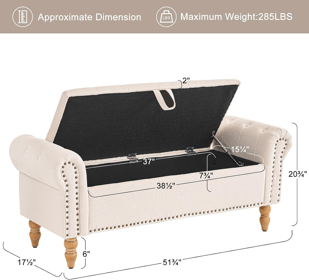 51" Storage Benches, End of Bed Bench with Button-Tufted Large Upholstered Storage Ottoman Linen Window Bench with