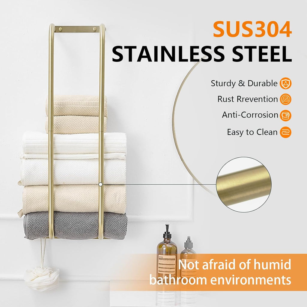 Brushed Gold Towel Racks Wall Mounted for Rolled Towels | Bathroom Towel Rack Storage Stainless Steel Vertical Towel