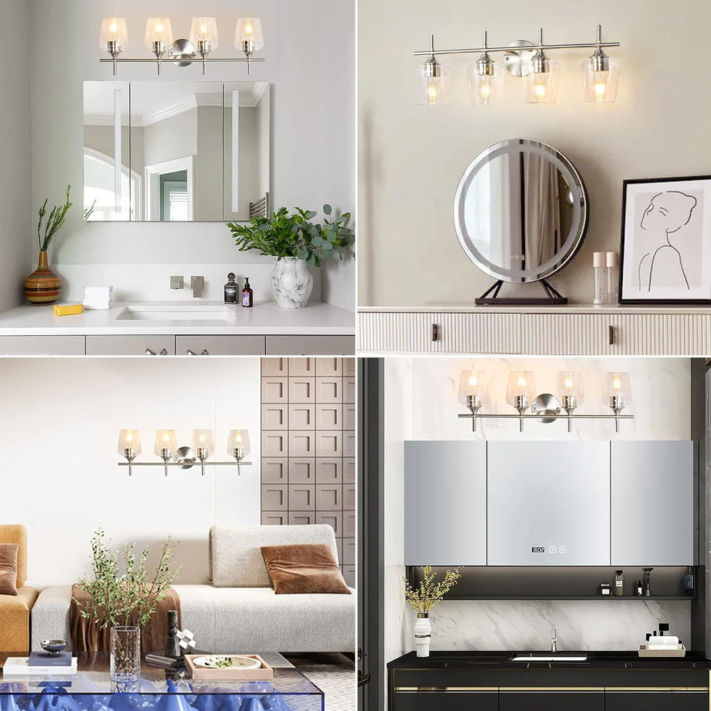 Bathroom Light Fixtures 4-Light Brushed Nickel Vanity Light | Win Glass Clear Shade, Modern Wall Lights Bedroom