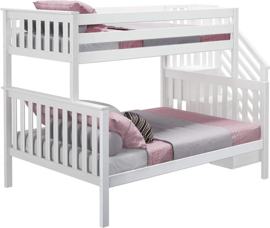 Bunk Bed, Twin-Over-Full Bed Frame For Kids With Stairs, White