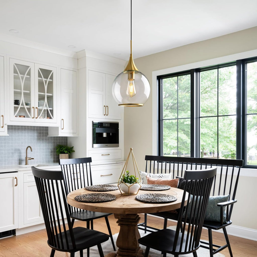 Pendant Lights Kitchen Island: Brushed Gold Light Fixture Farmhouse with Clear Glass - 10 Inch Mid Century Globe