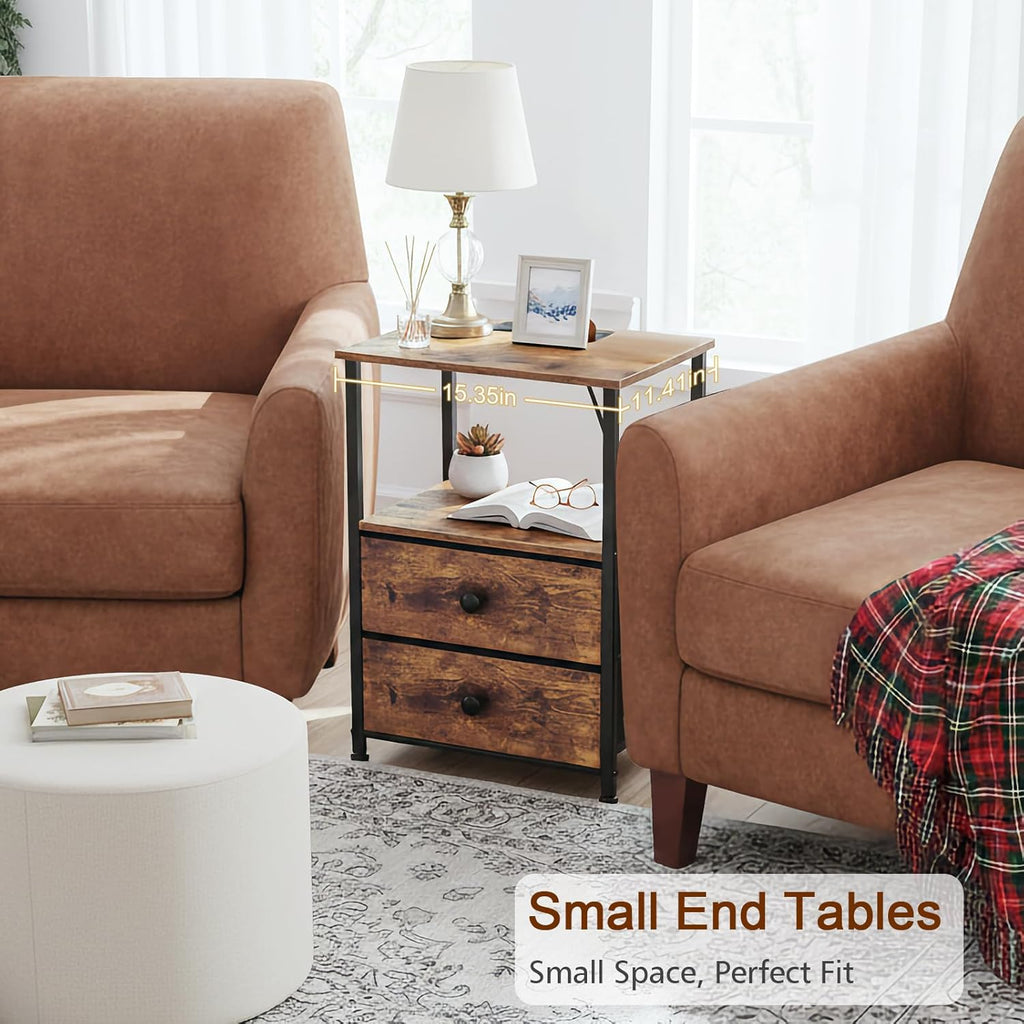 Nightstands Set of 2, Night Stand with Charging Station, End Tables with Storage Shelf , Bedside Table with 2 Fabric