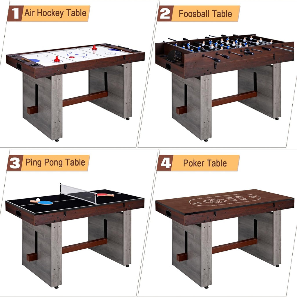 4-in-1 Combo Game Table 55" Multi-Game Table with Foosball, Electric Air Hockey (Powerful 700mA Motor), Ping Pong & Poker Great for Home & Game Room Fun