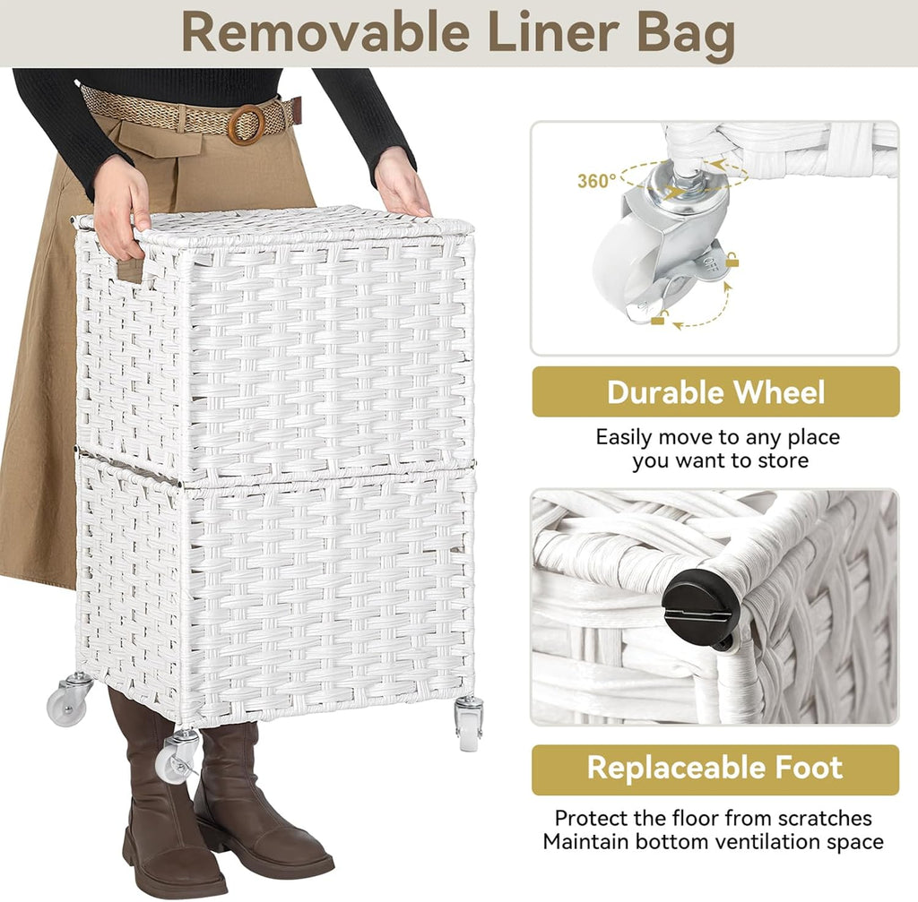 Wicker Laundry Basket with Wheels,Rolling Laundry Hamper with Lid | 90L Slim Clothes Hamper with Wheels & Removable
