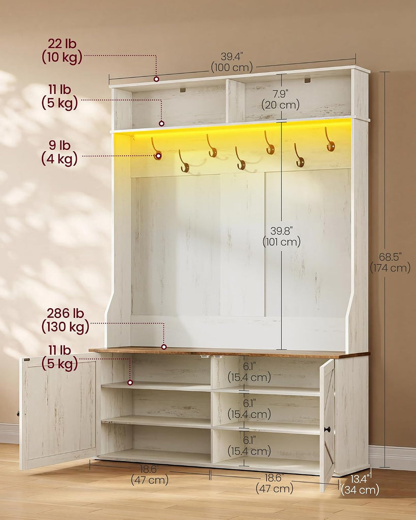 Hall Tree with Bench and Shoe Storage, 5-in-1 Coat Rack with Shoe Bench, Adjustable LED Light, 7 Double Hooks