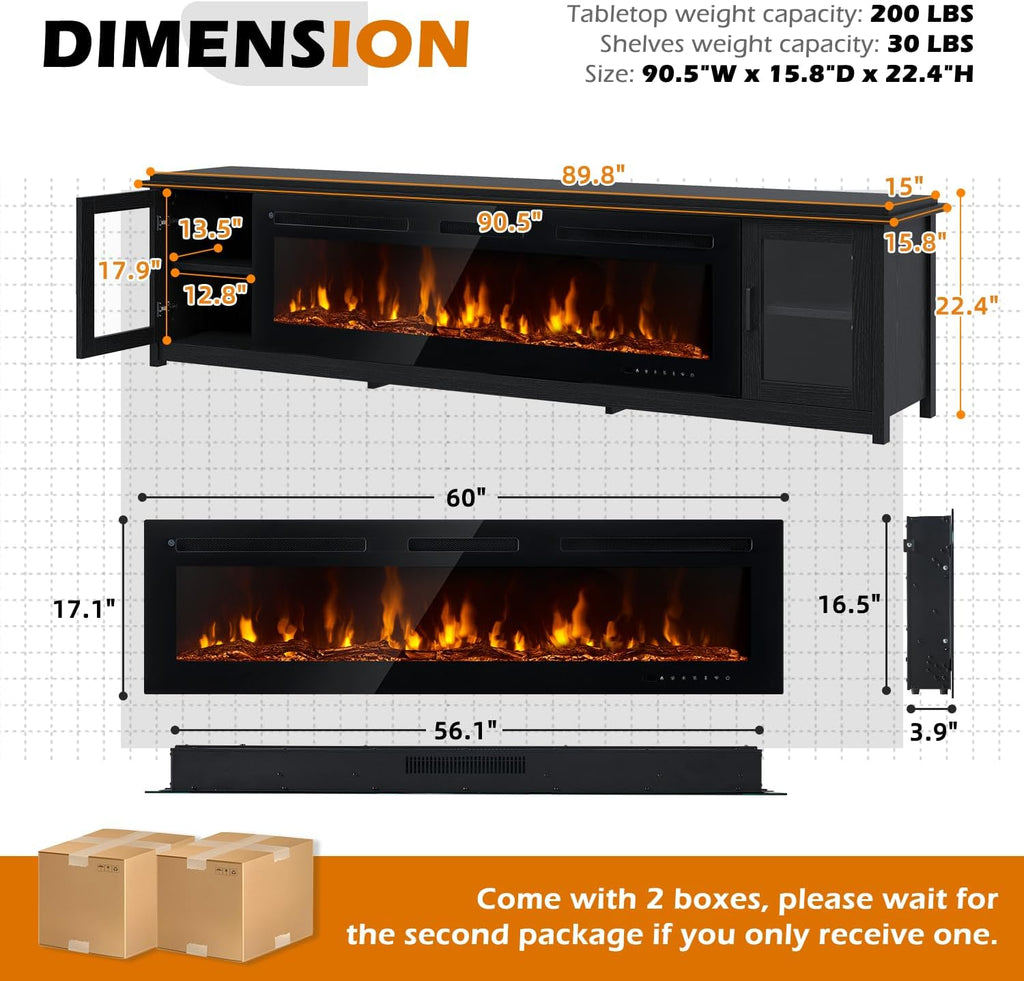 90" Fireplace TV Stand, Modern Entertainment Center with 60 Inch Electric Fireplace, Adjustable Shelf & Glass Door