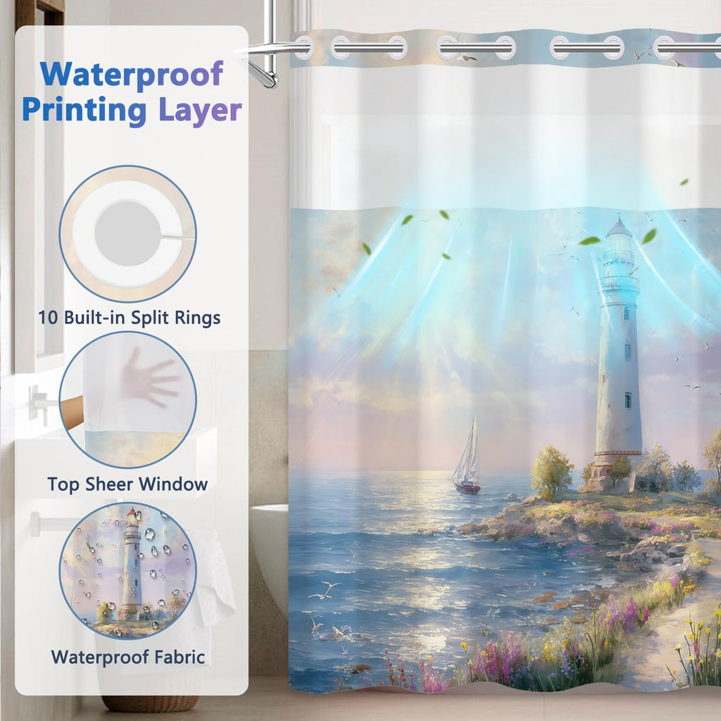 Beach No Hook Shower Curtain and Liner Set, Seaside Lighthouse Pattern Shower Curtain No Hooks with Snap in Liner