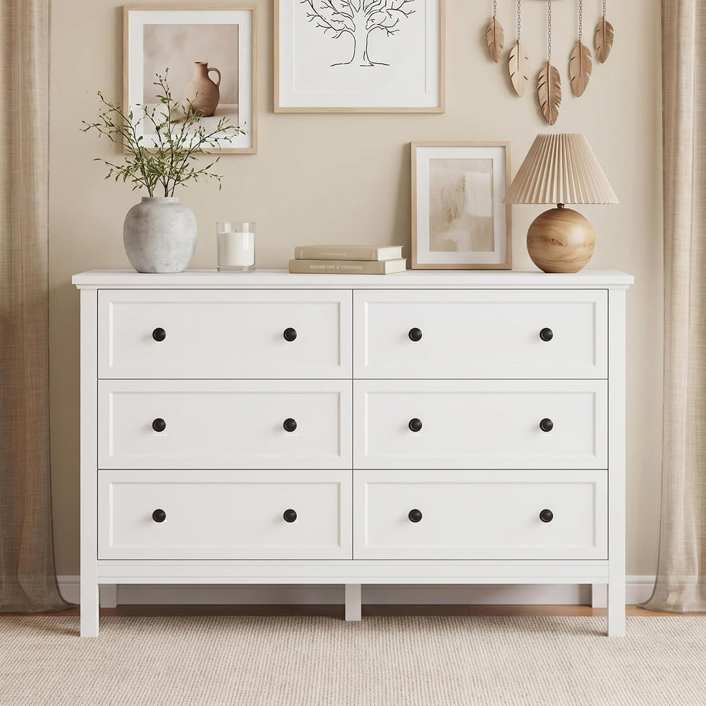 White Dresser , 6 Drawer Dresser with Wide Drawer and Metal Handles, Wood Dressers & Chests of Drawers .