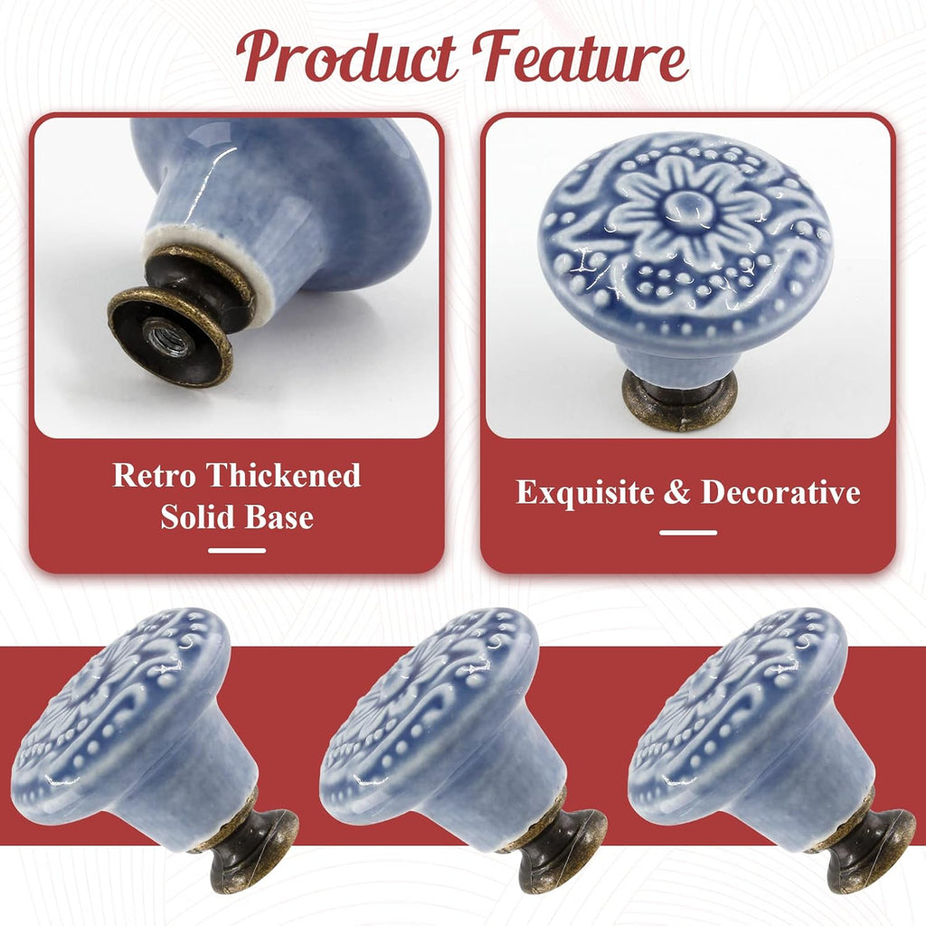 4pcs Greyish Blue Ceramic Knobs, Vintage & Retro Dresser & Cabinet Knobs & Pulls & Furniture Doors