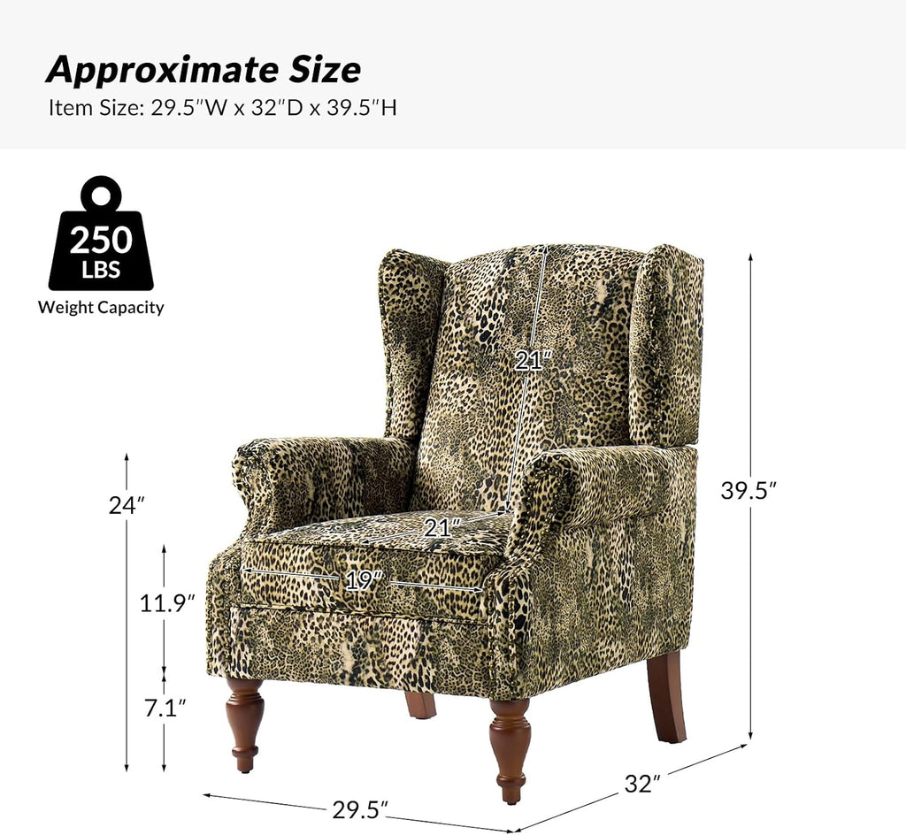 Wingback Accent Chair with Leopard Print Fabric, Retro Armchair with Nailhead Trim and Solid Wood Legs, Comfortable