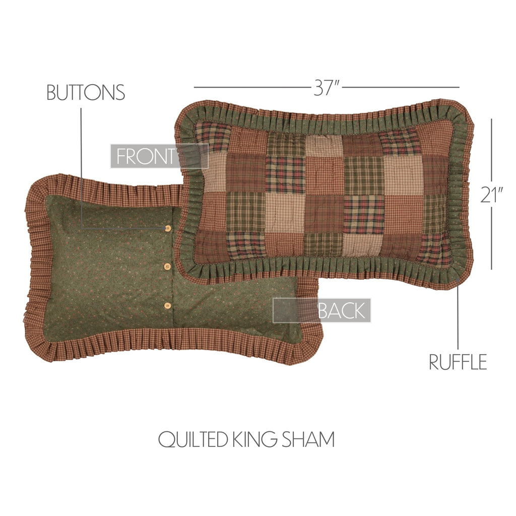 Primitive Bedding Cinnamon Plaid Cotton Hand Quilted Patchwork King Sham, Dark Olive Green