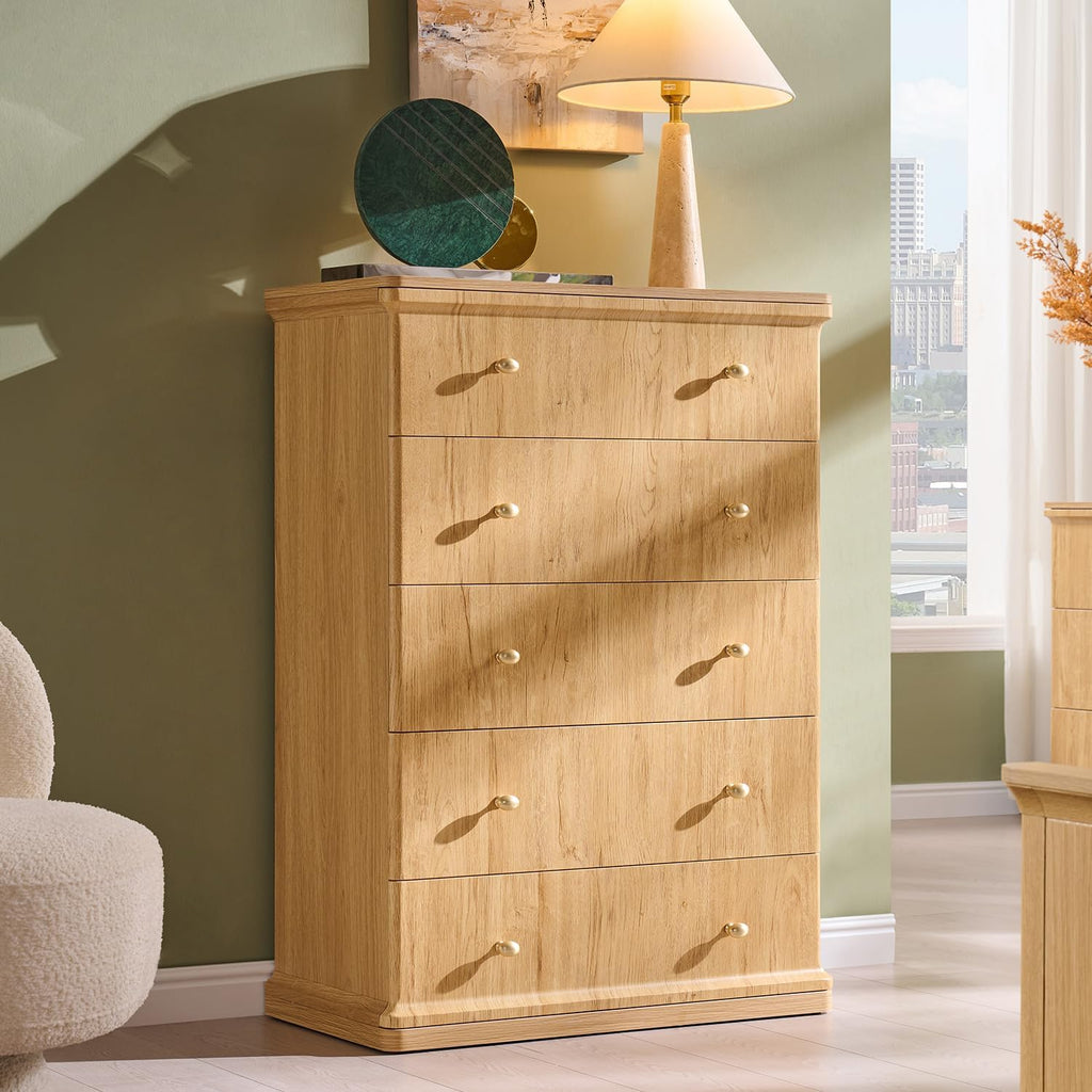 Modern 5 Drawers Dresser , 42" Tall Dressers & Chests of Drawers w/Curved Waterfall Edge, Wood Mid Century Vertical