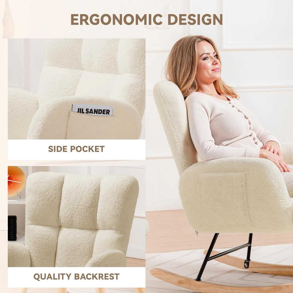 Rocking Chair Nursery with Ottoman,Teddy Upholstered Glider Rocker | High Backrest Reading Chair with Side Pockets