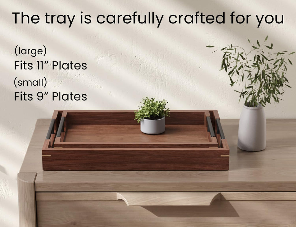 Set of 2 Walnut Wood Serving Trays with Metal Handles | Ottoman Decorative Trays Platter for Coffee Table,Living