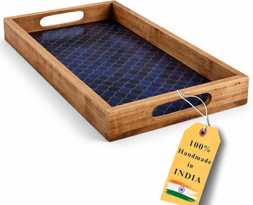 Large Wooden Designer Serving Tray with Handles & Coasters | Decorative Wood Serving Tray for Breakfast, Tea, Food &