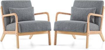 Mid Century Modern Accent Chair Set of 2, Upholstered Chair , Accent Chair with Lumbar Pillow Solid Wood Frame