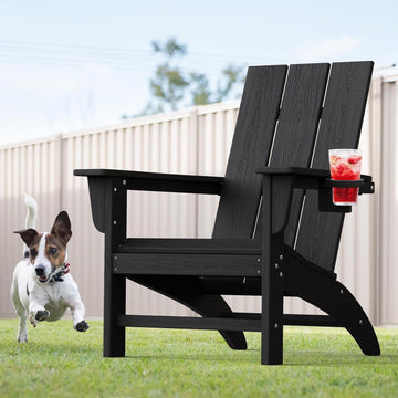 Modern Adirondack Chair with Cup Holder, HDPE Plastic Patio Chairs | Wood Texture Outdoor Chairs, Lawn Chairs for