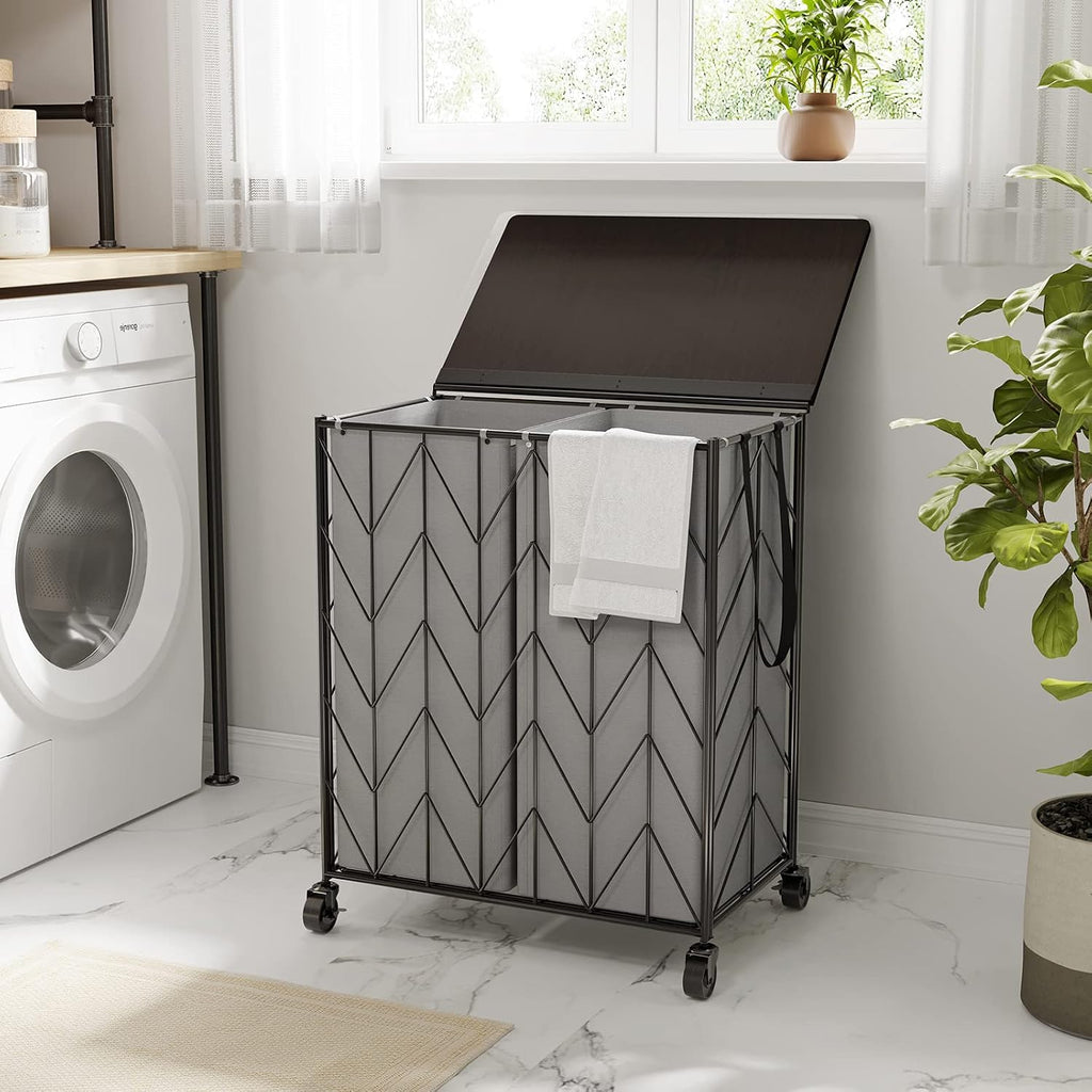 Double Laundry Hamper with Lid, Rolling Laundry Basket with Wheels | Heavy Duty Wire Clothes Hamper with Divided