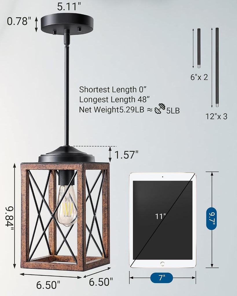 Farmhouse Pendant Light, Metal Hanging Light Fixture with Wooden Grain Finish, 48 Inch Adjustable Pipes for Flat and Slop Ceiling, Kitchen Island, Bedroom, Dining Hall, E26 Base