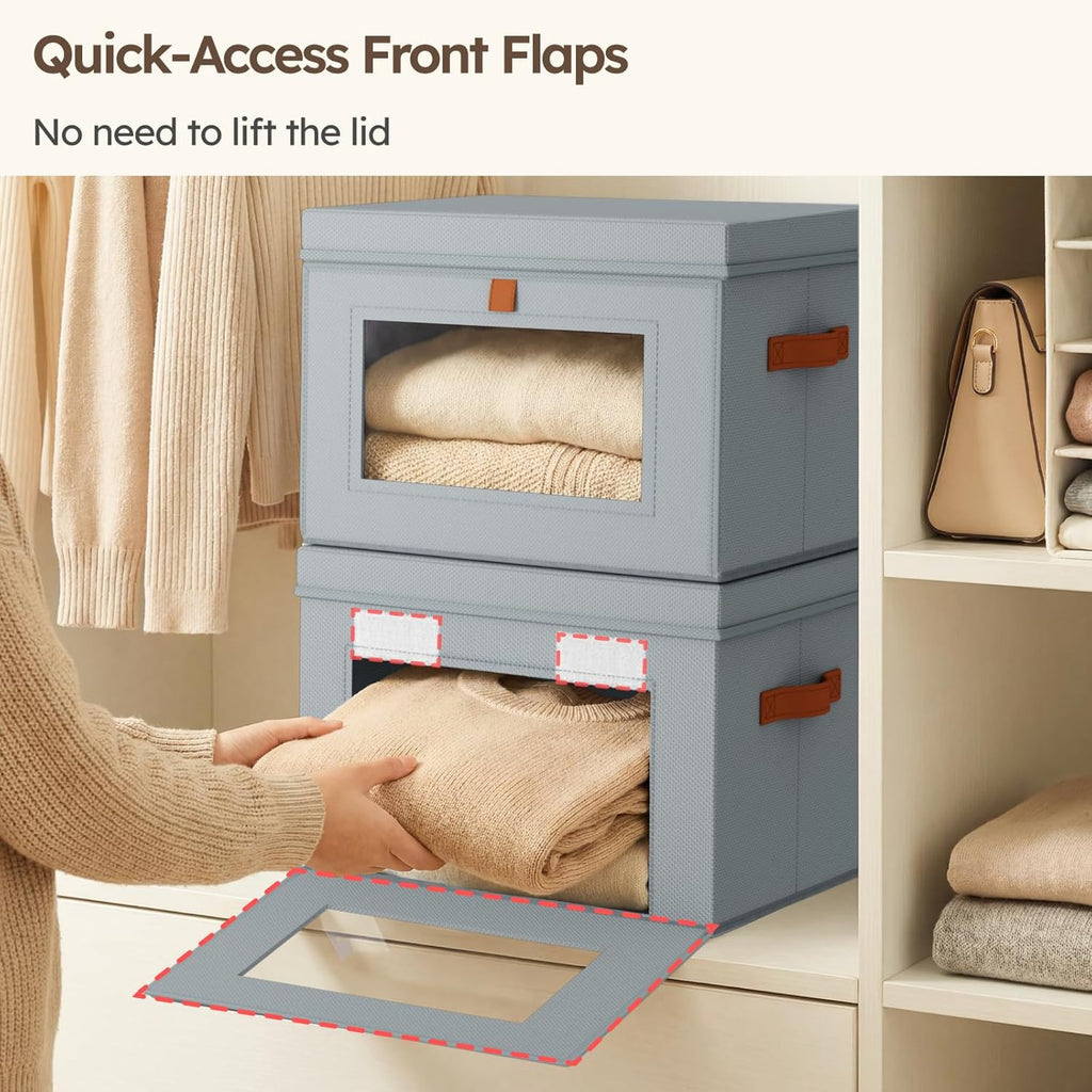 Storage Bins with Lids - Front Opening Storage Box with Clear Window & Handles, Stackable Foldable Fabric Bins for