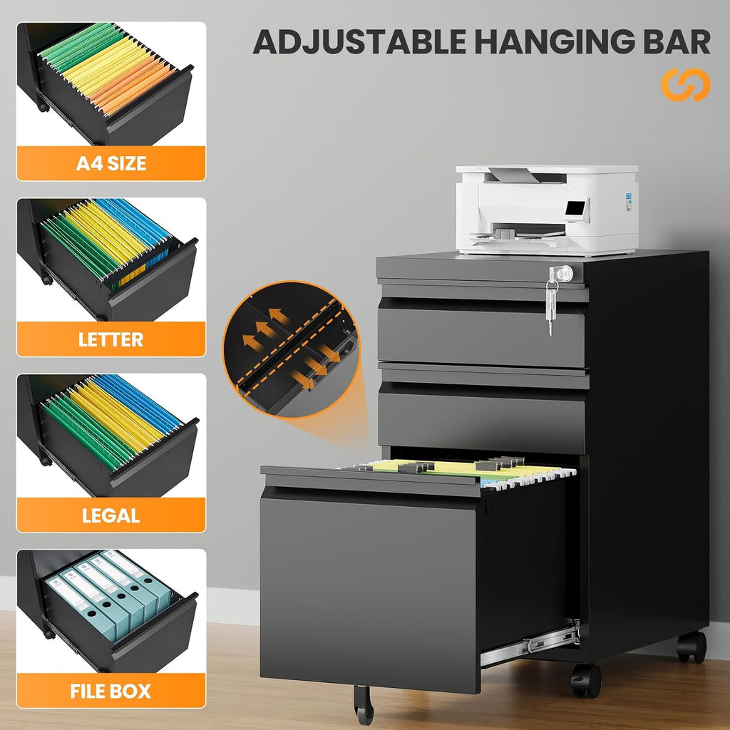 3 Drawer Mobile File Cabinet with Lock, Rolling Filing Cabinets , Under Desk Small File Cabinet Three Drawers for