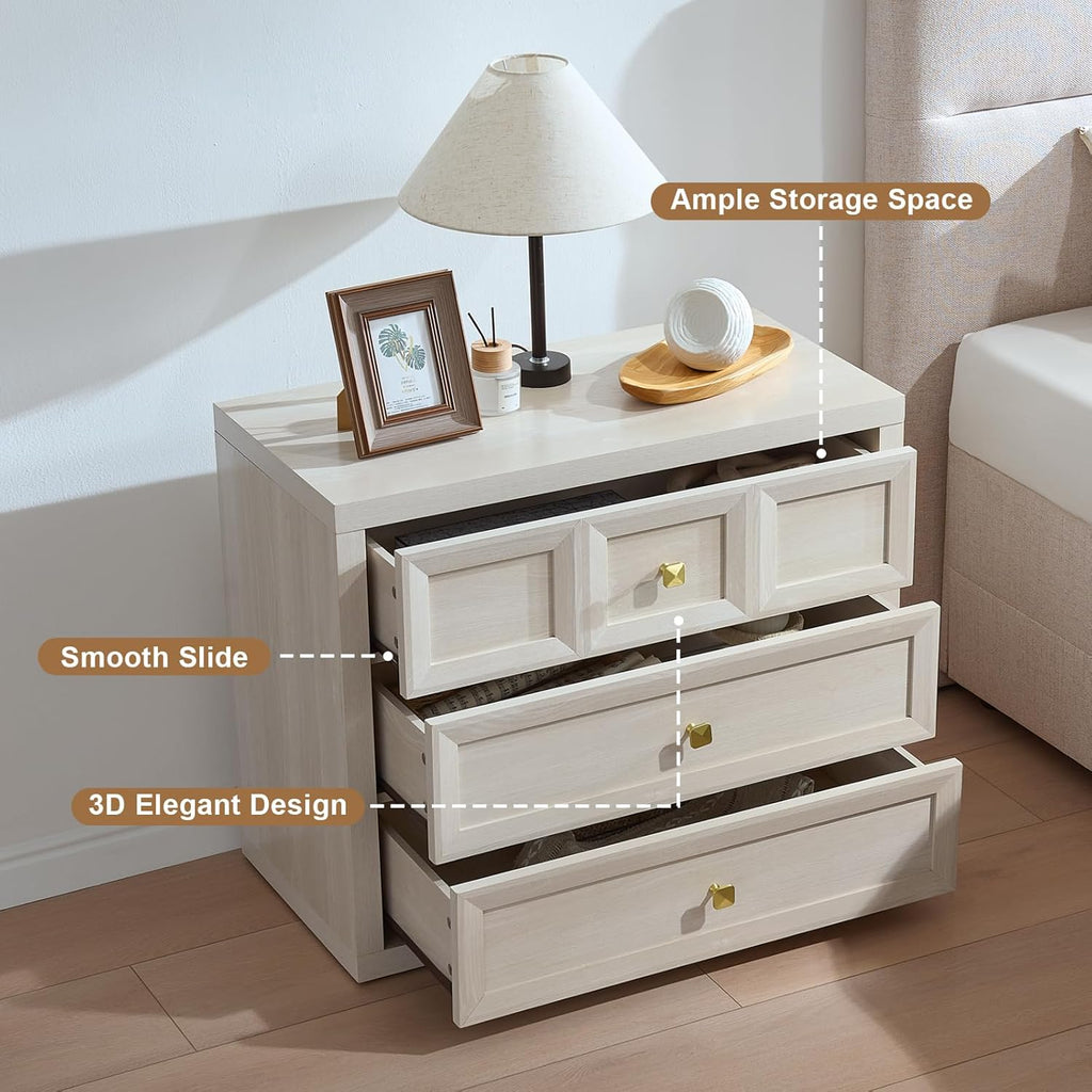3 Drawers Nightstand with Charging Station, 30.7" King Size Bedside Table with 3 Drawers, Accent End Table W/Large