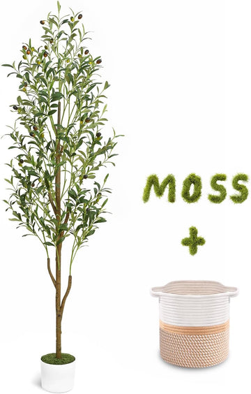 Artificial Olive Tree, 6FT Tall Faux Olive Trees with Planter & Basket, Artificial Plants Indoor with Natural Wood