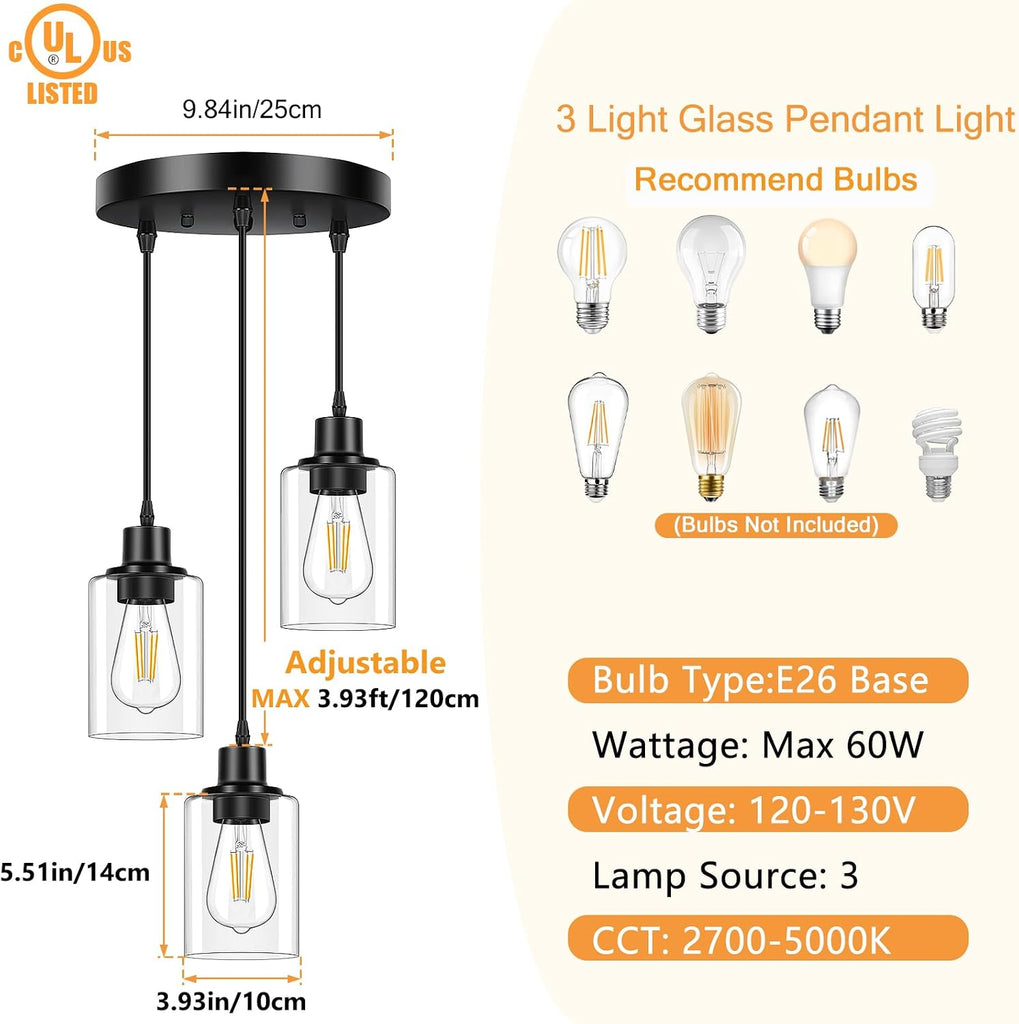 3-Light Pendant Light Fixtures, Black Pendant Lights Kitchen Island, Adjustable Pendant Lighting with Clear Glass