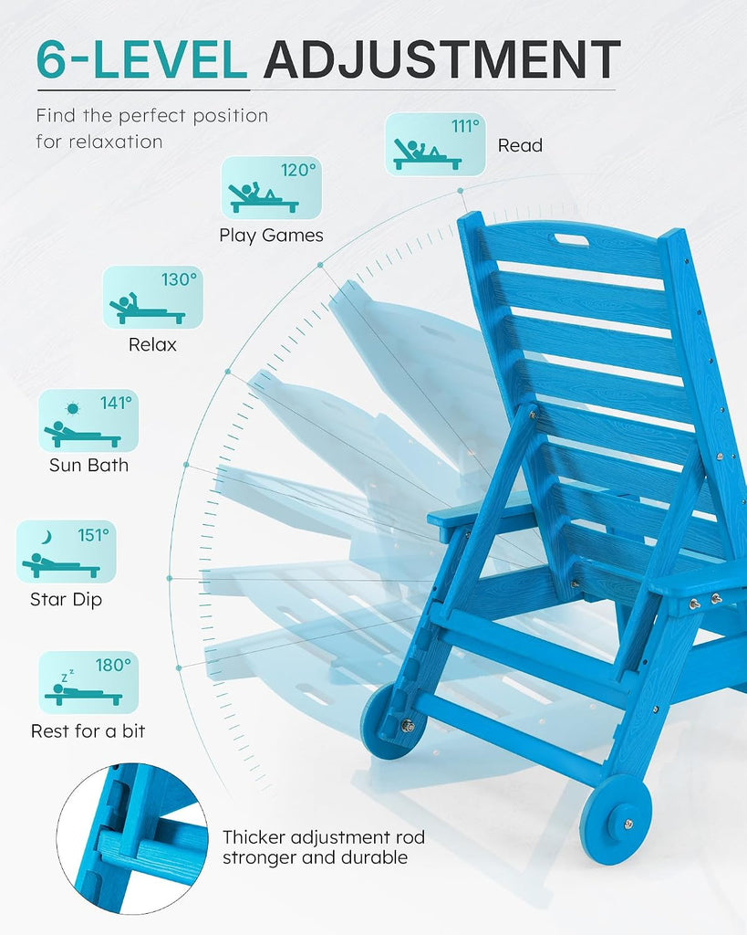 Patio Chaise Lounge Chair Outdoor with Wheels, Oversize Patio Lounge Chairs with Wood Texture, HDPE 6-Position
