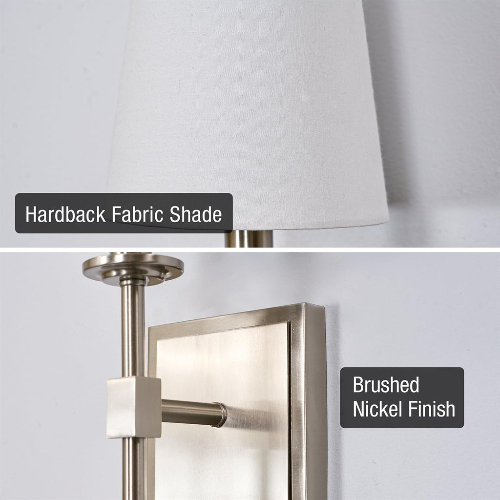 Torche 20" Mid Century Modern Wall Sconce Vanity | Tapered White Linen Shade, Silver Candle Wall Light with Elongated