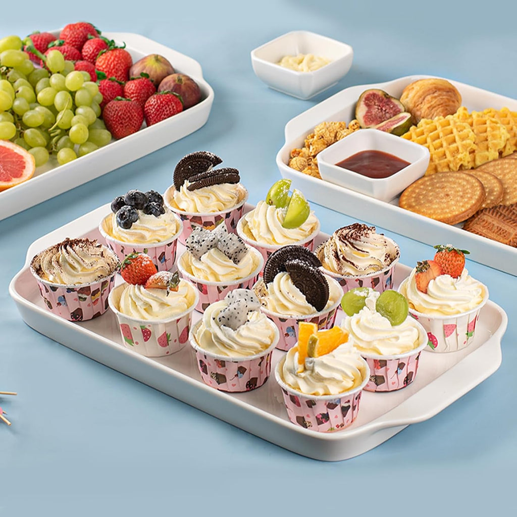 Large Serving Platter with Handles 16"x9" - White Porcelain Serving Trays Set of 3, Rectangular Platters for