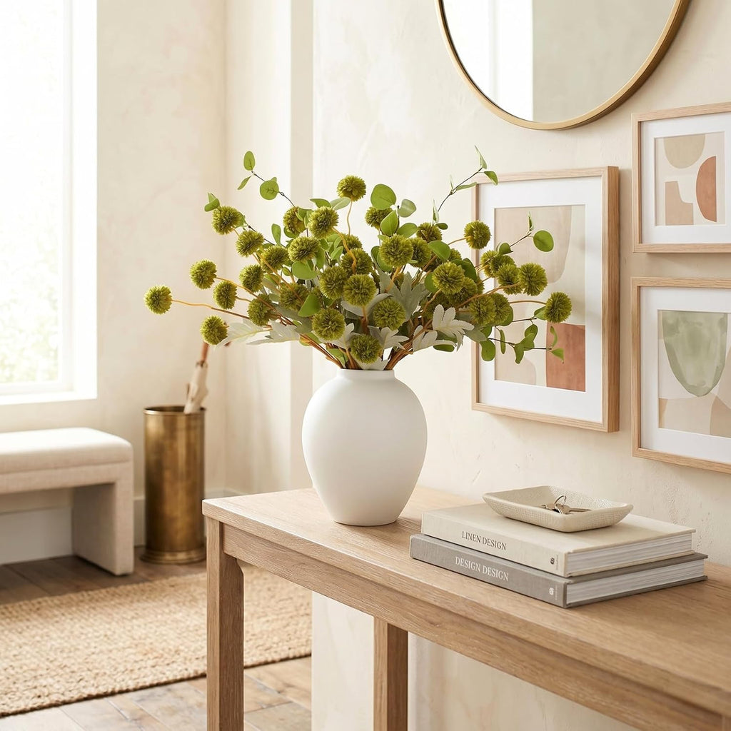 Green Flowers Artificial 10 Long Stems & 2pcs Eucalyptus Branches For Vase, Faux Silk Mum Greenery Arrangement