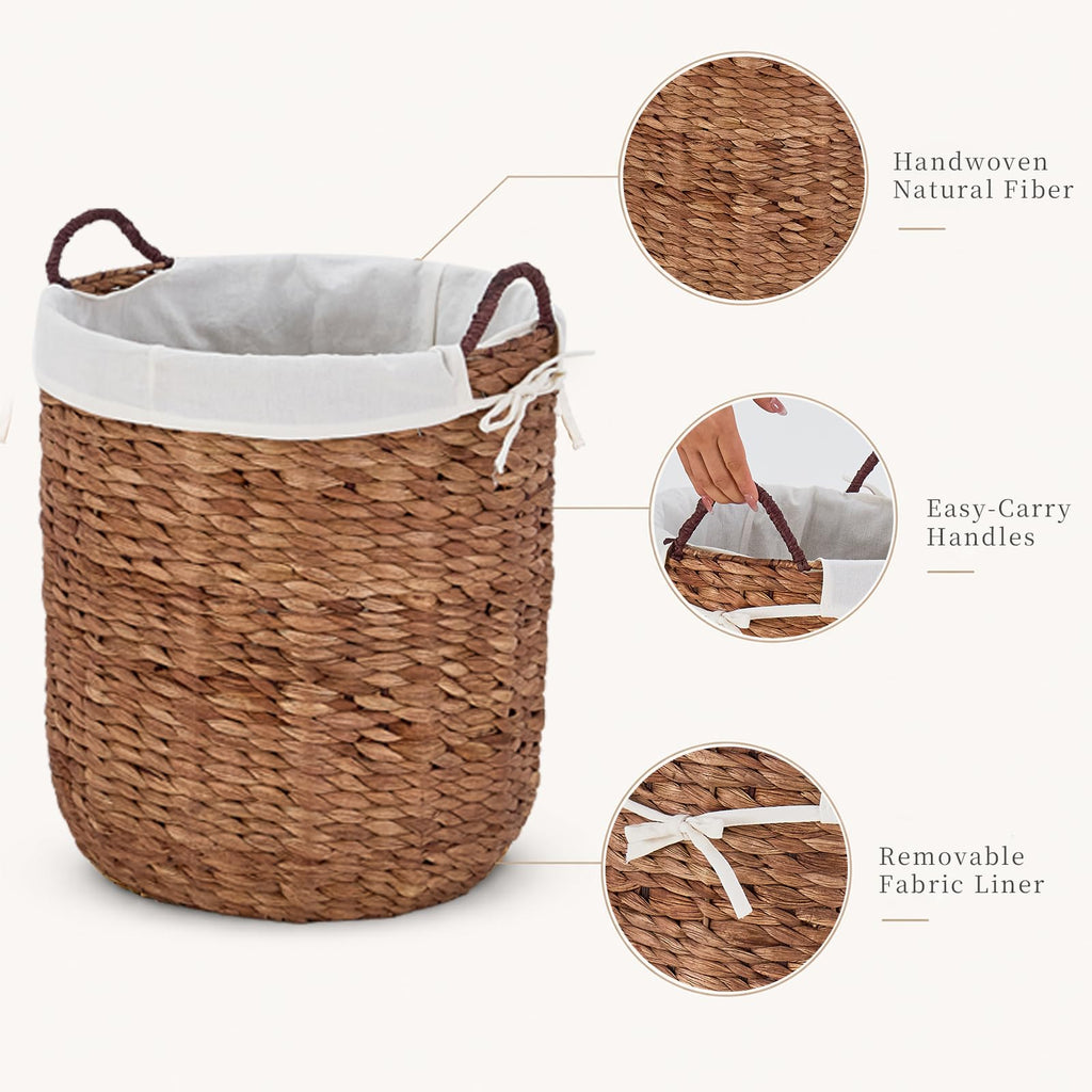 Round Woven Laundry Basket with Removable Liner, Handwoven Water Hyacinth Clothes Hamper Basket with Handles