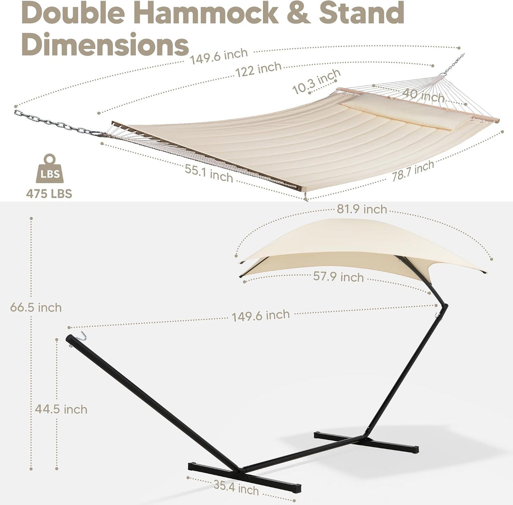 Portable Outdoor Hammock with Stand, Sun-Protective Canopy, Beige | Double Hammock with Stand for Outside, Patent